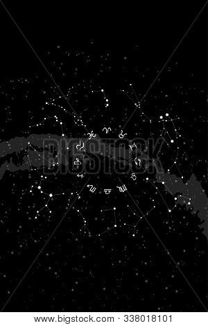 Constellations Of The Zodiac Circle And Their Symbols On The Background Of The Milky Way. Space And 