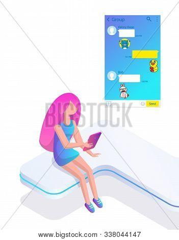Person Using Kakao Talk Messenger Vector, Stickers On Chatting Page. Young Woman, Girl And Interface