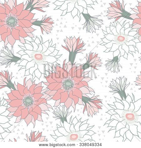 Vector White Pink Cactus Flower Seamless Pattern Print Background.