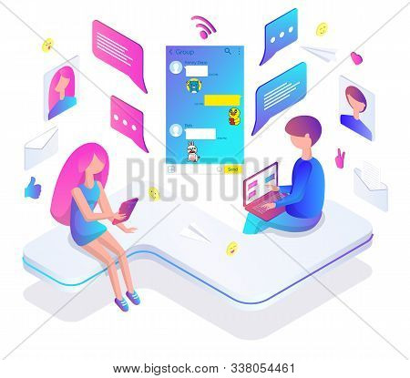 Man And Woman Chatting In Korean Messenger Kakao Talk From Smartphone And Laptop Vector. Texting And