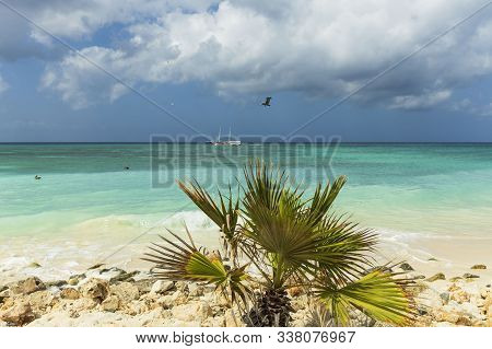 Gorgeous View Of Atlantic Ocean White Sand Coast Line On Turquoise Water And Blue Sky With White Clo