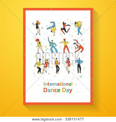 International Dance Day Poster. Party Dance People. Doodle Line Vector Illustration