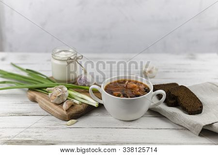Red Borshch, A Traditional National Dish Of Ukrainian Cuisine. For Cooking Uses Vegetables Such As T