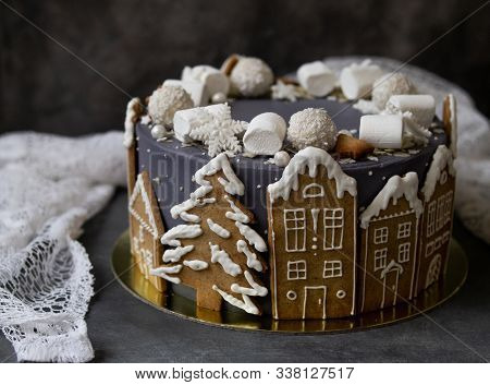 Christmas Gray Cake Decoraited Of Gingerbread Cookies In Shape Of Homes And Snowy Christmas Trees, M