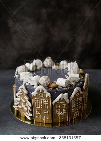 Christmas Gray Cake Decoraited Of Gingerbread Cookies In Shape Of Homes And Snowy Christmas Trees, M