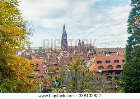 Natural Frame, View Of The German Town Freiburg Im Breisgau From A Corner On The Schlossberg Hill