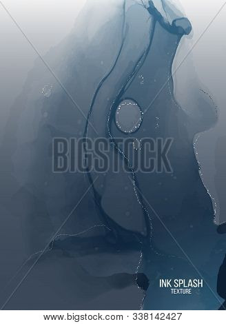 Liguid Flow Navy Watercolor Splash With Navy Blue Alcohol Ink Elements In Vector. Grunge Gold Foil G