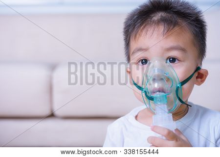 Closeup Asian Face Little Children Boy Sick He Using Steam Inhaler Nebulizer Mask Inhalation Oneself