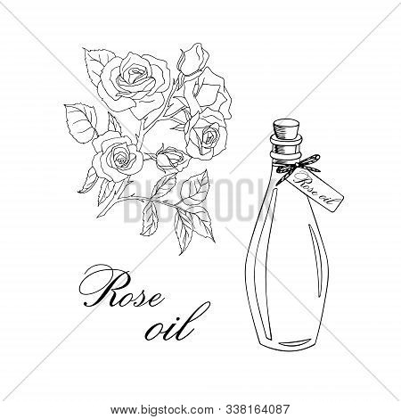 Vector Sketch Illustration With Essential Oil Of Rose On A White Background
