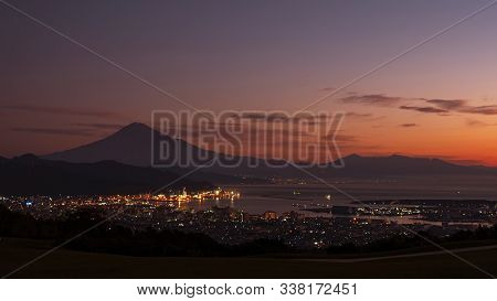 Sunrise Over Mt. Fuji / Fuji Mountain And Shimizu Industrial Port At Nihondaira, Shizuoka, Japan