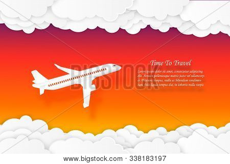 Time To Travel Airplane Flying With Sunset Sky And Cloud Air Transportation Concept Copy Space For T