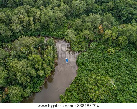 Aerial View Of Boat In The Mangrove Rio Sierpe River In Costa Rica Deep Inside The Jungle