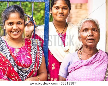 Puducherry, India - December Circa, 2018. Unidentified Family Portrait Of A Young Indian Dalit Women