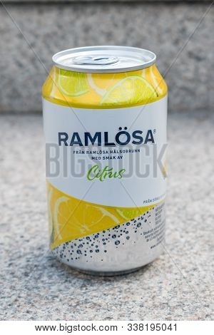 Stockholm, Sweden - September 24, 2019: Can Of Ramlosa Citrus Carbonated Mineral Water.