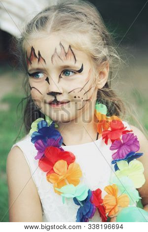 Portrait Of Little Caucasian Girl With Bright Fairy Charachter Make Up
