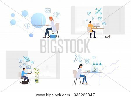 Professionals At Workplaces Set. Analyst, Graphic Designer, Microbiologist At Work. Flat Vector Illu