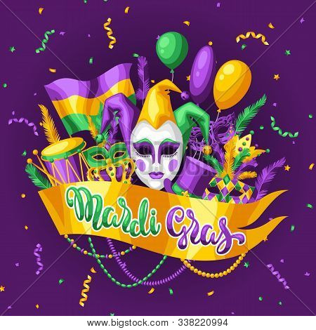 Mardi Gras Party Greeting Or Invitation Card. Carnival Background For Traditional Holiday Or Festiva