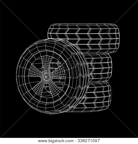 Automobile Rubber Car Wheel Tire And Rim. Wireframe Low Poly Mesh Vector Illustration. Auto Service 