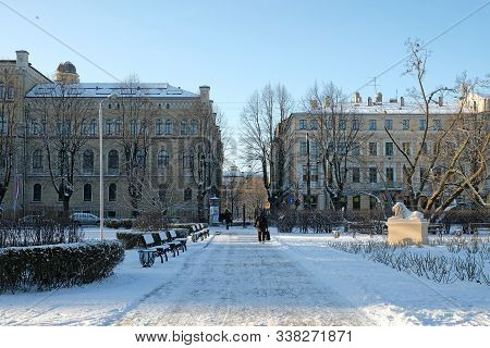 Riga / Latvia - 01 December 2019: Verman Park In Winter. View On Latvia University.