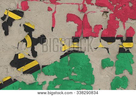 Vanuatu Flag Depicted In Paint Colors On Old Obsolete Messy Concrete Wall Closeup. Textured Banner O