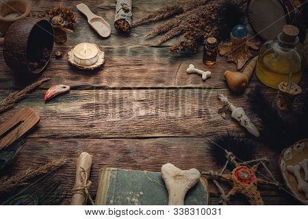 Witchcraft Table. Witch Doctor. Shamanic Accessories. Old Magic Book.