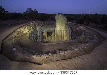 Dolmen Of Lacara, The Biggest Megalithic Burial In Extremadura. Spain. Night View