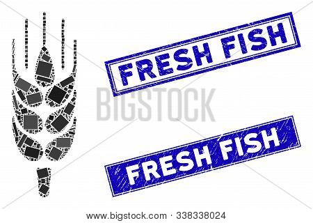 Mosaic Barley Ear Icon And Rectangular Fresh Fish Seal Stamps. Flat Vector Barley Ear Mosaic Icon Of