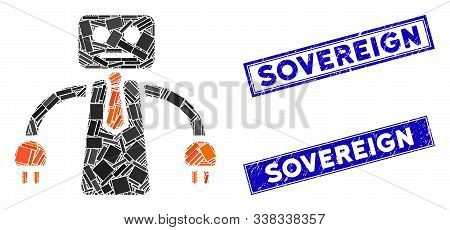 Mosaic Boss Robot Icon And Rectangular Sovereign Seal Stamps. Flat Vector Boss Robot Mosaic Icon Of 