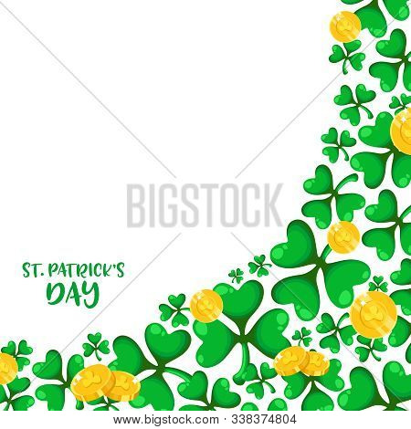Saint Patricks Day Corner Frame - Cartoon Shamrcock Or Clover Leaves And Golden Coins, Background An