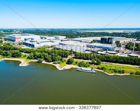 Dusseldorf, Germany - July 02, 2018: Dusseldorf Messe Trade Fair Ground And Esprit Arena Stadium In 