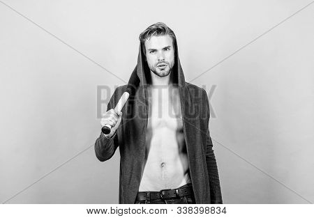 Sportsman Strong Macho Looks Threatening With Bat. Bully Mood. Bad Boy Concept. Man Handsome Bully G