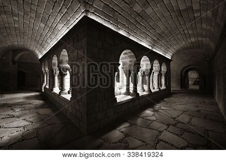 Hallway in Romanesque monastery in village in Pueblo Espanol Barcelona, Spain