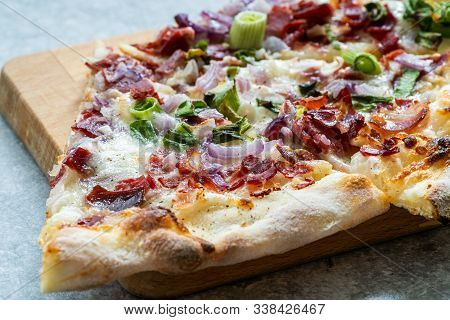 Flammkuchen Pizza Slices / Traditional Tarte Flambee With Creme Fraiche, Cream Cheese, Bacon And Red