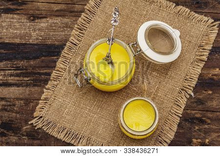 Pure Or Desi Ghee (ghi), Clarified Melted Butter. Healthy Fats Bulletproof Diet Concept Or Paleo Sty