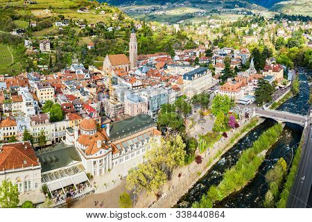 Merano City Centre Aerial Panoramic View. Merano Or Meran Is A Town In South Tyrol In Northern Italy