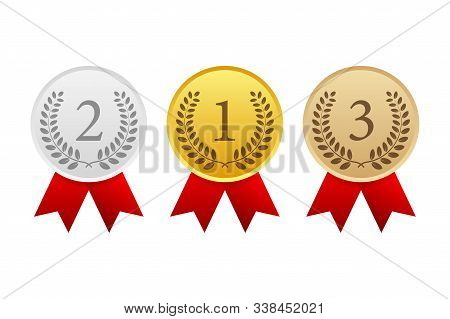 Gold, Silver And Bronze Award Medal Icon. Vector Stock Illustration.