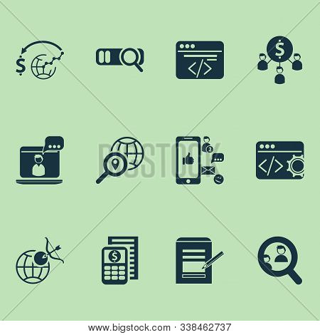 Analytics Icons Set With Social Media, Geo Targeting, Custom Coding And Other Commercial Elements. I