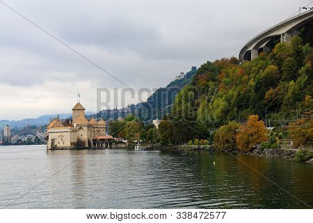 Montreux ,switzerland-october 23,2019:the Castle Of Chillon Is Landmark On Lake Geneva In Montreux A