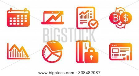 Calendar, Pie Chart And Investment Graph Line Icons Set. Sales Diagram, Blocked Card And Bitcoin Exc