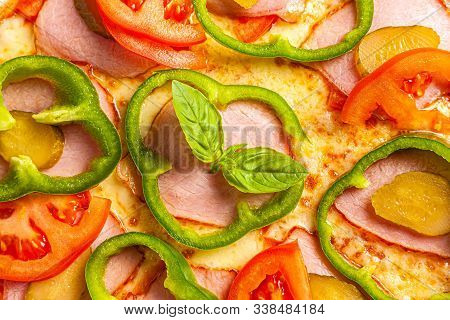 Close Up Of Pizza Topping. Macro Photo Of A Pizza Topping.