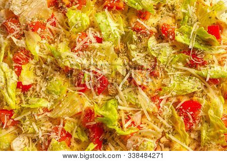 Close Up Of Pizza Topping. Macro Photo Of A Pizza Topping.