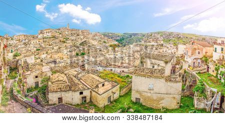 Aerial Panoramic View Of Matera Historical City Centre Sasso Caveoso, Old Ancient Town Sassi Di Mate