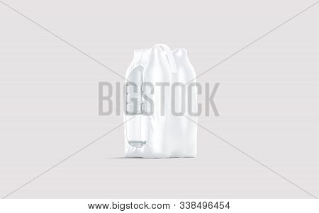 Blank Transparent Plastic Bottle In Pack With Handle Mockup On Gray, 3d Rendering. Empty Jar With Mi