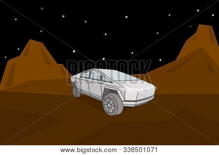 Electric Car On Mars. New Pickup. Cyber Future. Vector Illustration.