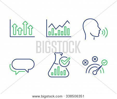 Upper Arrows, Infochart And Messenger Line Icons Set. Human Sing, Chemistry Lab And Correct Answer S