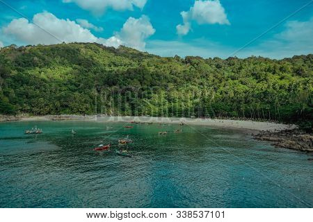 Tropical Forest, Blue Sea And City Life In Thailand Phuket Island, Drone Flight