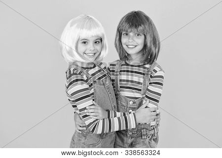 Cheerful Friends In Colorful Wigs. Anime Cosplay Party Concept. Anime Fan. Animation Style Character