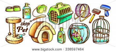 Pet Shop Equipment Assortment Monochrome Vector. Aquarium And Birdcage, Running Wheel And Food Bowl,