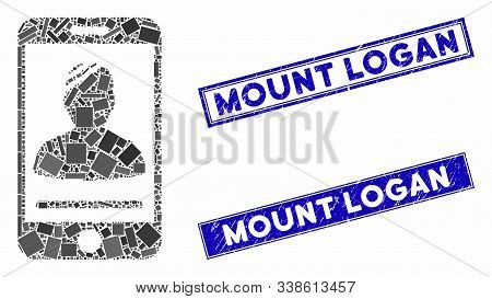 Mosaic Mobile Patient Icon And Rectangular Mount Logan Stamps. Flat Vector Mobile Patient Mosaic Ico