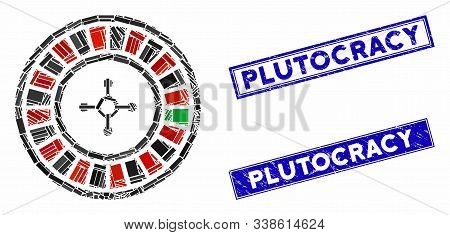 Mosaic Roulette Pictogram And Rectangle Plutocracy Rubber Prints. Flat Vector Roulette Mosaic Pictog